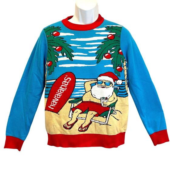 Havaianas Flip Flops Tropical Santa Claus Ugly Christmas Sweater Size Small - Picture 1 of 4